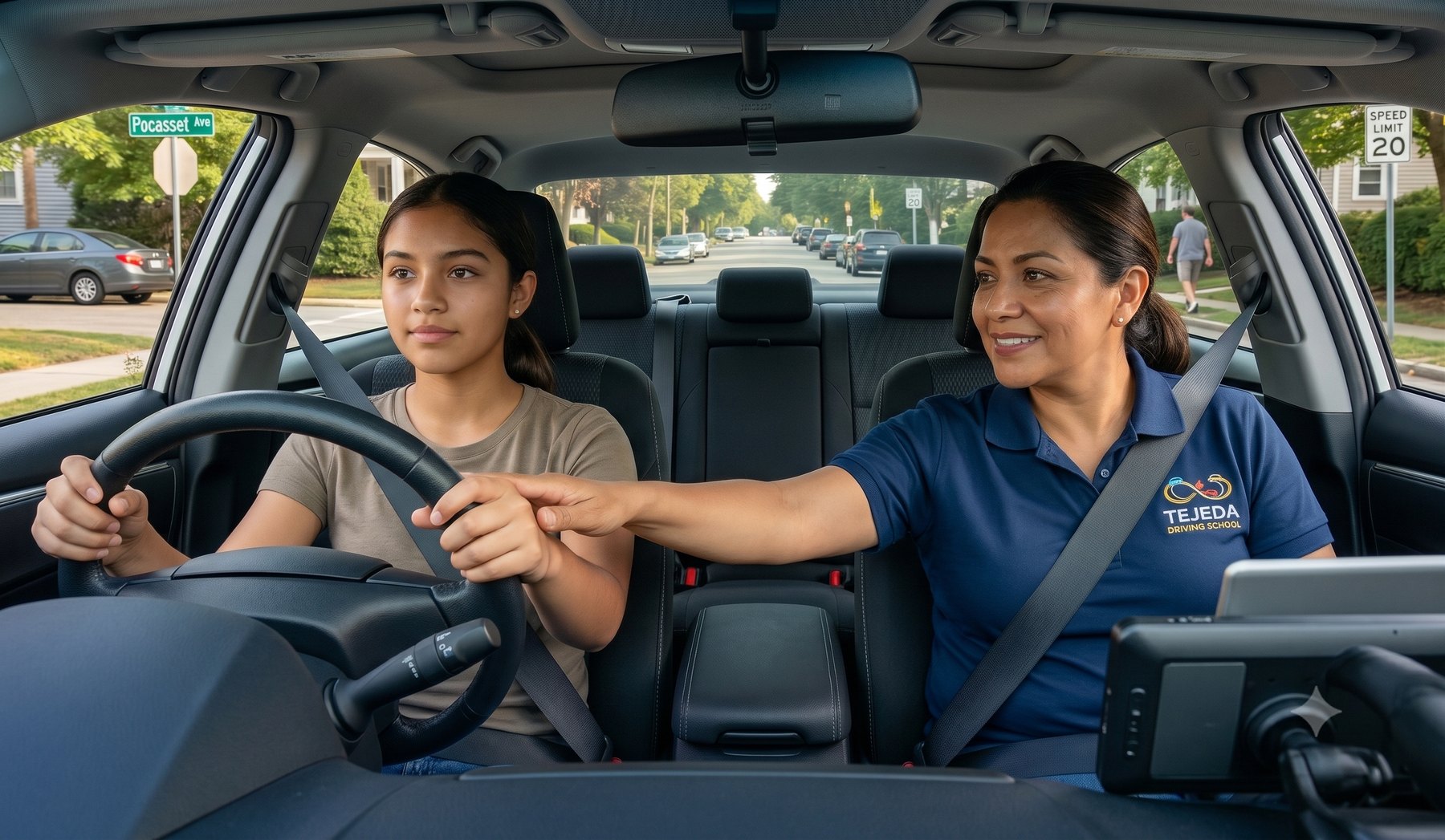 Instructora bilingue de Tejeda Driving School ensenando a una estudiante en Providence, RI